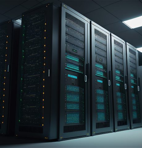 Mainframe devices on racks in room with big data cyber internet content. Neon light cloud computing server cabinet modern communication storage hardware system.